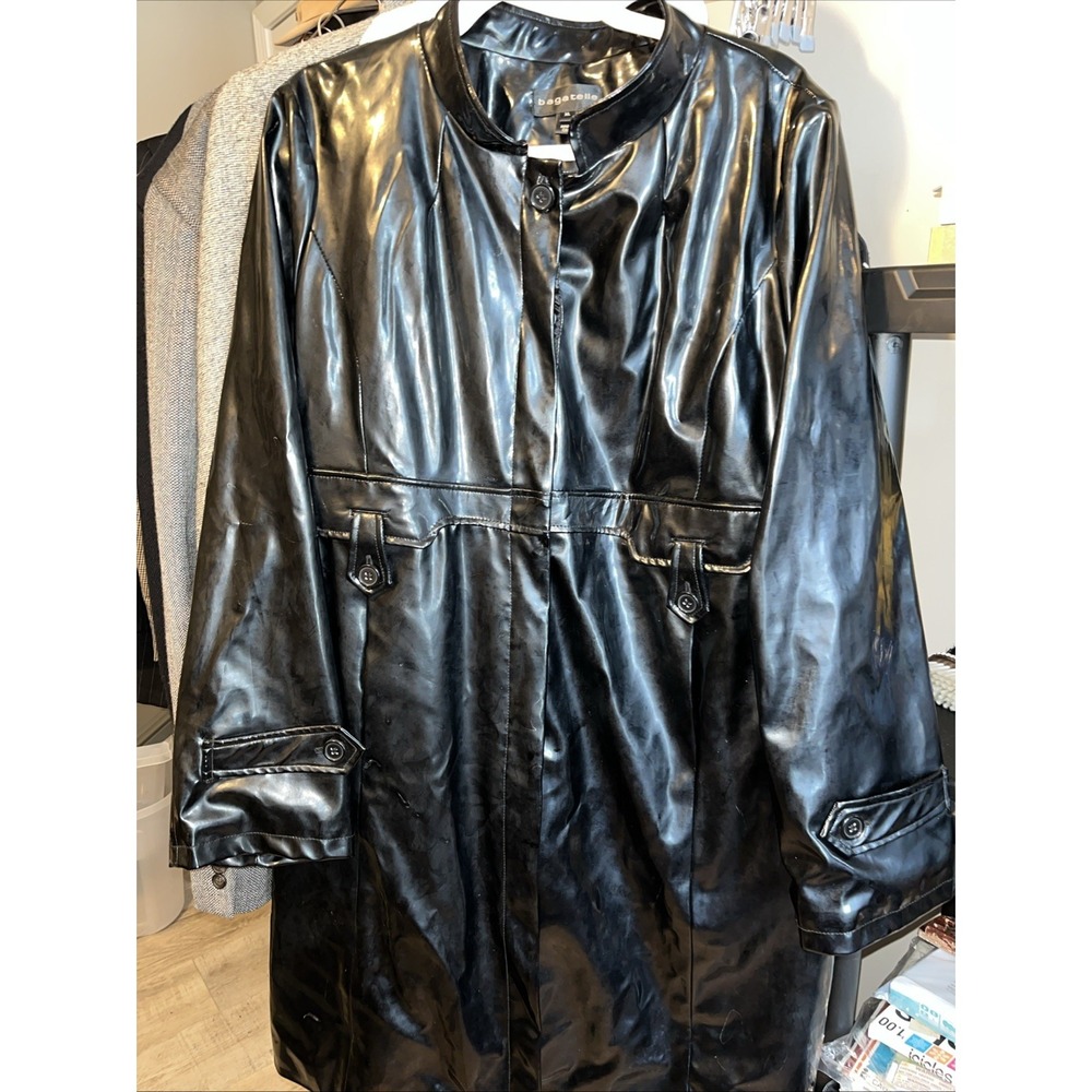 BAGATELLE Women's Black Faux Leather Grunge Chic button Trench Coat XL